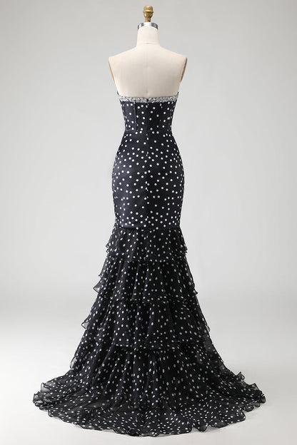 Plus Size Black and White Polka Dots Mermaid Long Corset Prom Dress with Ruffles