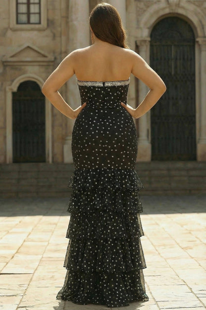Plus Size Black and White Polka Dots Mermaid Long Corset Prom Dress with Ruffles
