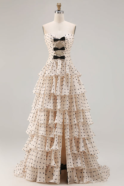 Black and Apricot Polka Dots Plus Size Strapless Tiered Long Corset Prom Dress with Keyhole