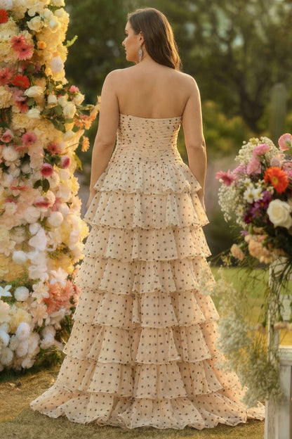 Black and Apricot Polka Dots Plus Size Strapless Tiered Long Corset Prom Dress with Keyhole