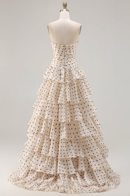 Black and Apricot Polka Dots Plus Size Strapless Tiered Long Corset Prom Dress with Keyhole