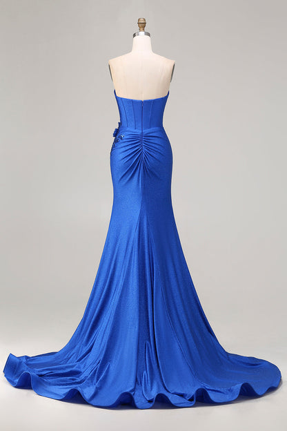 Sparkly Royal Blue Plus Size Beaded Mermaid Long Corset Prom Dress with Appliques
