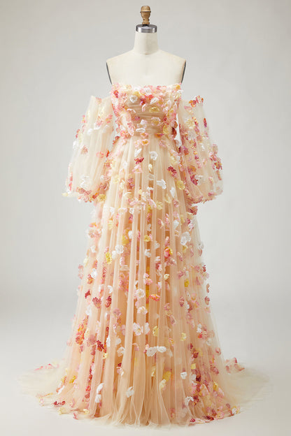 Floral Champagne Tulle Plus Size Long Prom Dress with Detachable Sleeves