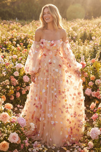 Floral Champagne Tulle Plus Size Long Prom Dress with Detachable Sleeves