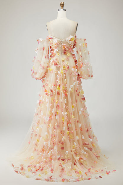 Floral Champagne Tulle Plus Size Long Prom Dress with Detachable Sleeves