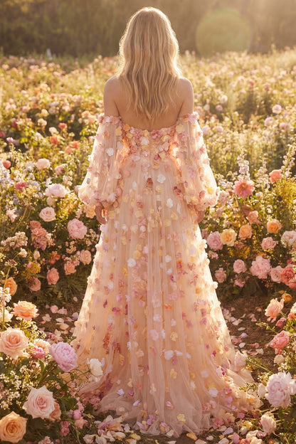 Floral Champagne Tulle Plus Size Long Prom Dress with Detachable Sleeves