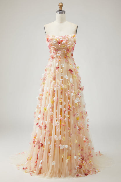 Floral Champagne Tulle Plus Size Long Prom Dress with Detachable Sleeves