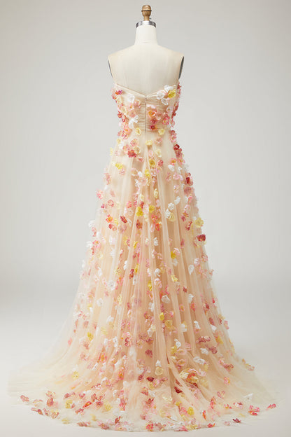 Floral Champagne Tulle Plus Size Long Prom Dress with Detachable Sleeves