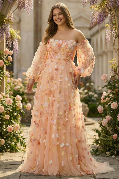 Floral Champagne Tulle Plus Size Long Prom Dress with Detachable Sleeves