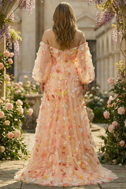 Floral Champagne Tulle Plus Size Long Prom Dress with Detachable Sleeves