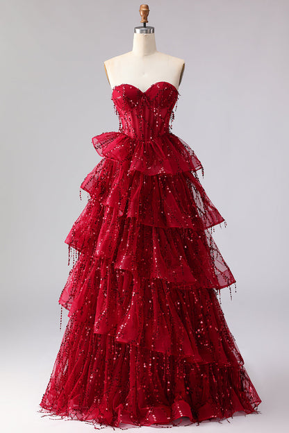 Sparkly Plus Size Burgundy Sweetheart Ruffled A Line Long Corset Prom Dress