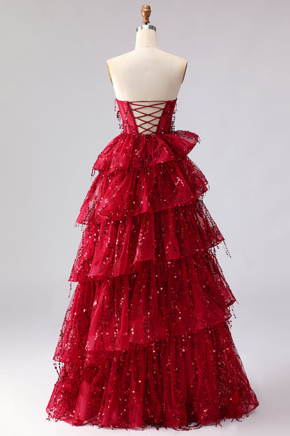 Sparkly Plus Size Burgundy Sweetheart Ruffled A Line Long Corset Prom Dress