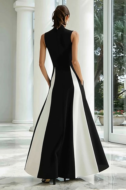 Plus Size Black and White High Neck A Line Long Formal Dress
