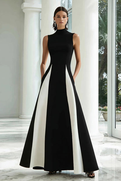 Plus Size Black and White High Neck A Line Long Formal Dress