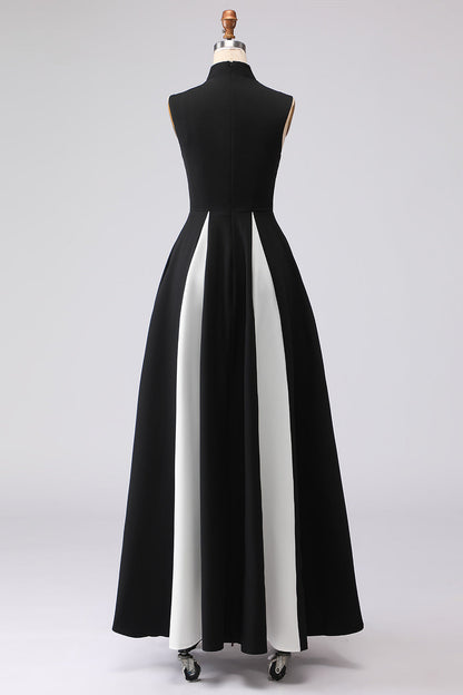 Plus Size Black and White High Neck A Line Long Formal Dress