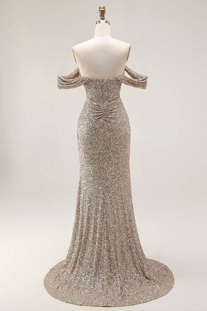 Plus Size Sparkly Champagne Mermaid Off the Shoulder Long Prom Dress with Slit