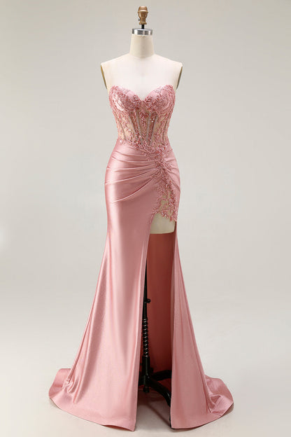Plus Size Sparkly Blush Mermaid Corset Long Prom Dress with Slit