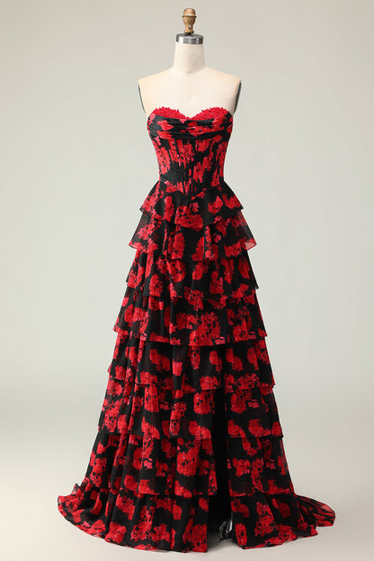 Plus Size Black and Red Floral Strapless Corset Long Prom Dress with Slit