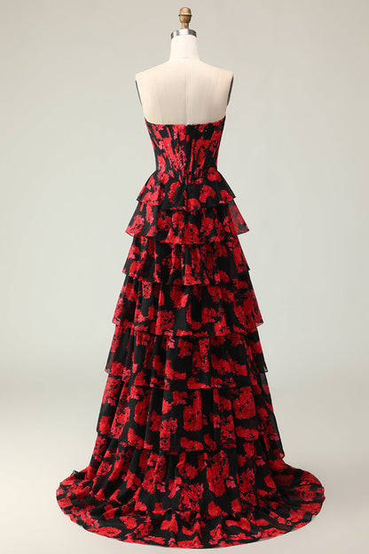 Plus Size Black and Red Floral Strapless Corset Long Prom Dress with Slit