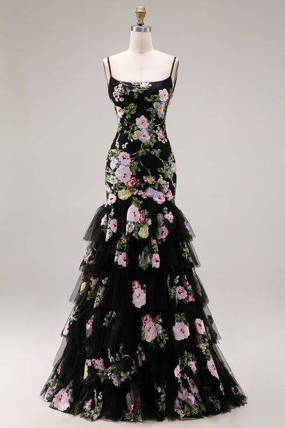 Plus Size Black and Pink Floral Mermaid Long Prom Dress with Ruffles