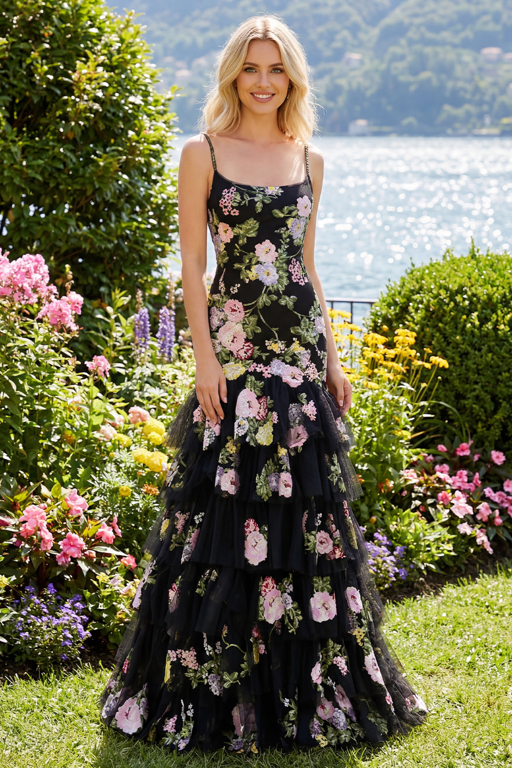 Plus Size Black and Pink Floral Mermaid Long Prom Dress with Ruffles