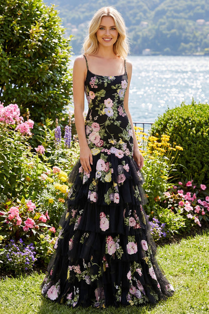 Plus Size Black and Pink Floral Mermaid Long Prom Dress with Ruffles