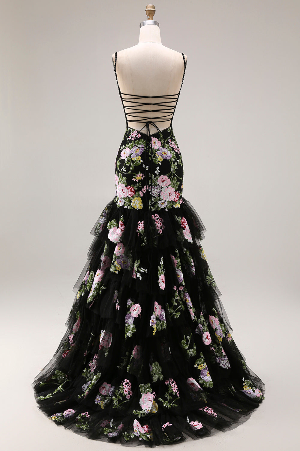 Plus Size Black and Pink Floral Mermaid Long Prom Dress with Ruffles