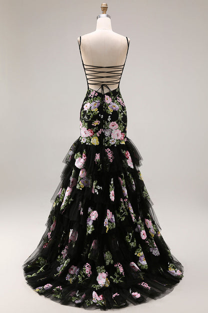 Plus Size Black and Pink Floral Mermaid Long Prom Dress with Ruffles