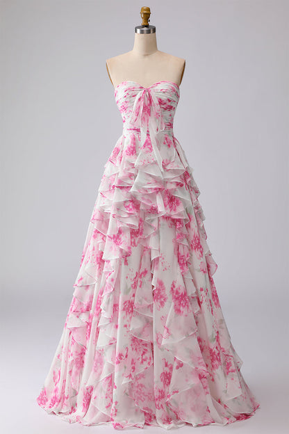 Floral White and Fuchsia Plus Size Sweetheart Ruffled A Line Long Prom Dress