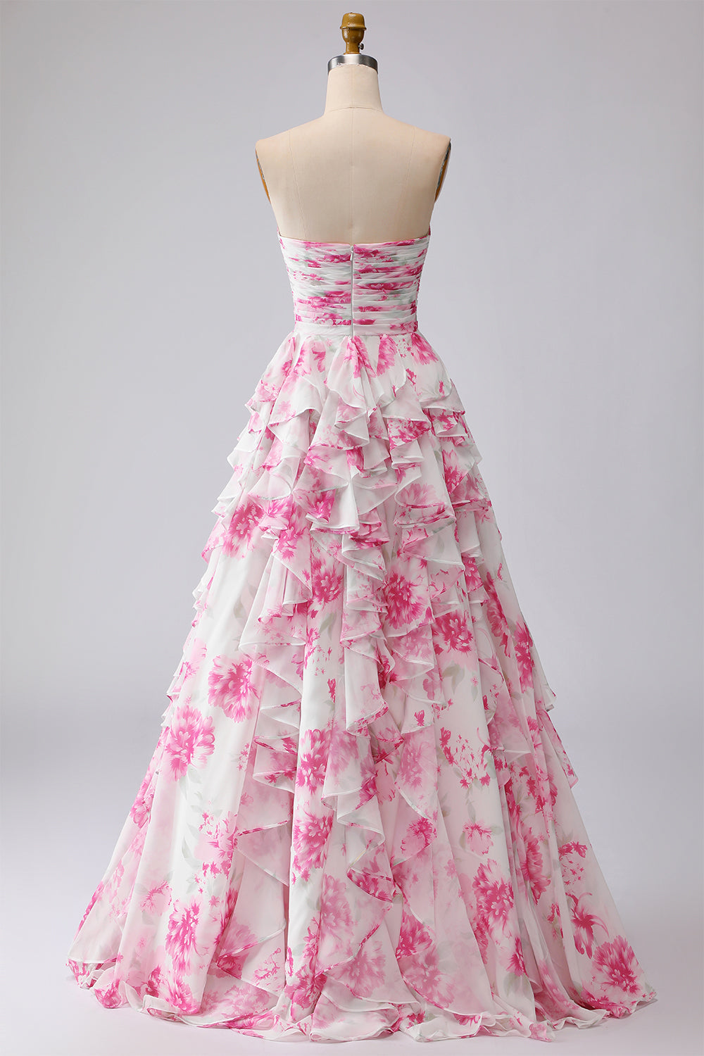 Floral White and Fuchsia Plus Size Sweetheart Ruffled A Line Long Prom Dress