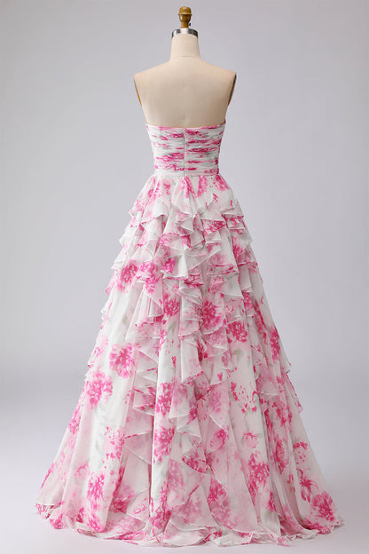Floral White and Fuchsia Plus Size Sweetheart Ruffled A Line Long Prom Dress