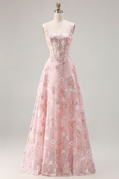 Sparkly Pink Plus Size Floral A Line Sequins Long Corset Prom Dress