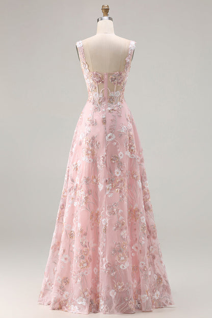 Sparkly Pink Plus Size Floral A Line Sequins Long Corset Prom Dress