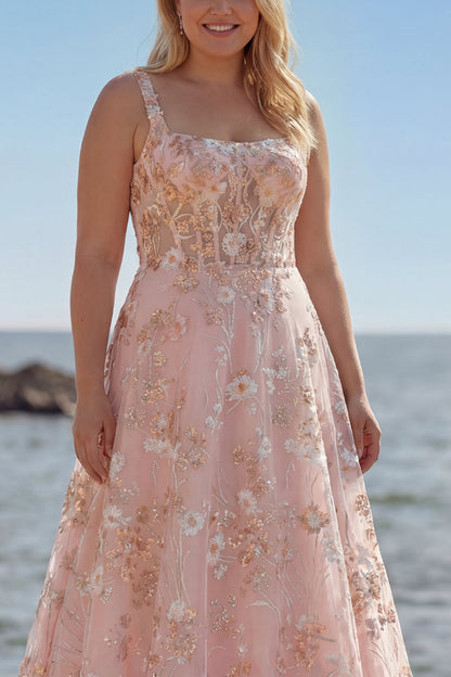 Sparkly Pink Plus Size Floral A Line Sequins Long Corset Prom Dress