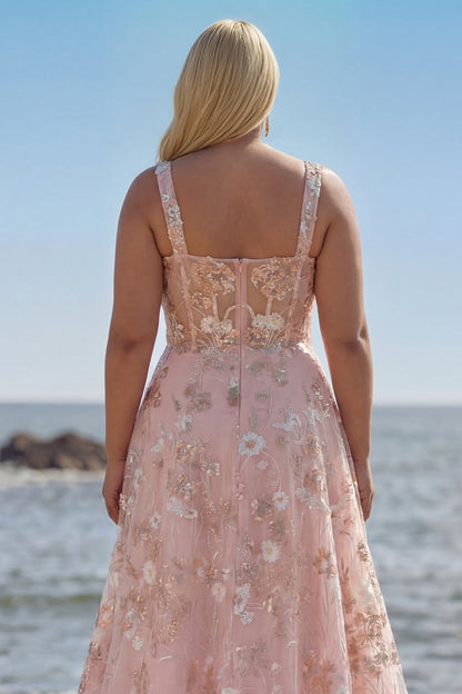 Sparkly Pink Plus Size Floral A Line Sequins Long Corset Prom Dress
