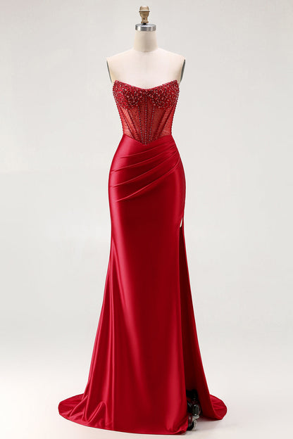 Sparkly Plus Size Red Satin Mermaid Beaded Long Corset Prom Dress with Slit