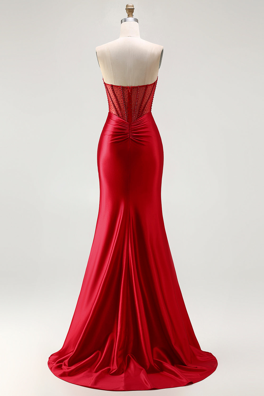 Sparkly Plus Size Red Satin Mermaid Beaded Long Corset Prom Dress with Slit