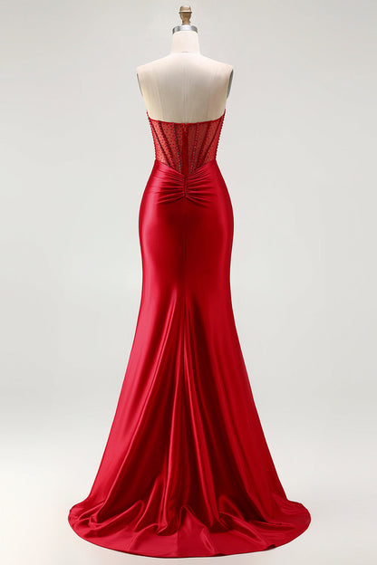 Sparkly Plus Size Red Satin Mermaid Beaded Long Corset Prom Dress with Slit