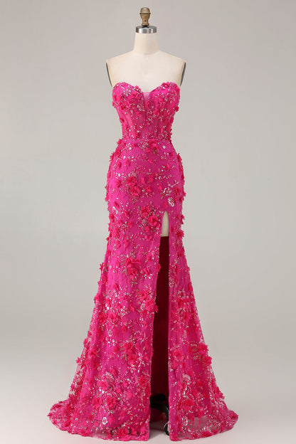 Sparkly Floral Fuchsia Mermaid Beaded Long Corset Prom Dress with Slit
