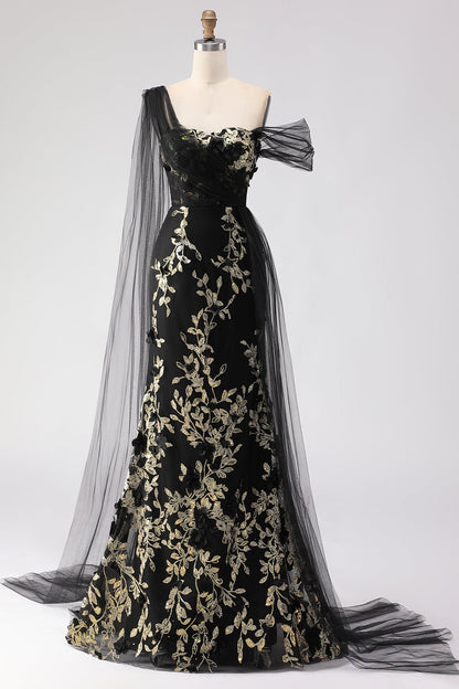 Plus Size Floral Black Golden One Shoulder Sheath Long Prom Dress with Side Cape