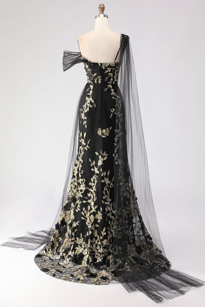 Plus Size Floral Black Golden One Shoulder Sheath Long Prom Dress with Side Cape