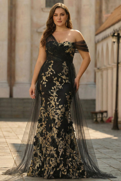 Plus Size Floral Black Golden One Shoulder Sheath Long Prom Dress with Side Cape