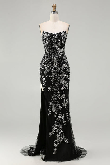 Plus Size Sparkly Black Floral Strapless Mermaid Long Prom Dress with Beading