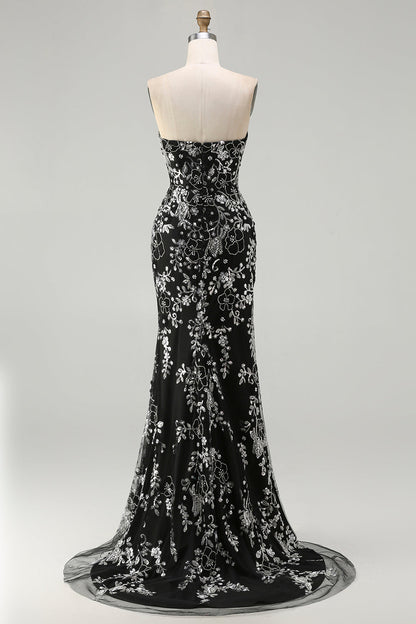 Plus Size Sparkly Black Floral Strapless Mermaid Long Prom Dress with Beading