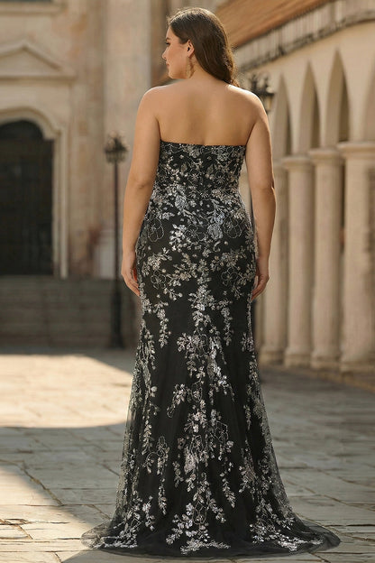 Plus Size Sparkly Black Floral Strapless Mermaid Long Prom Dress with Beading