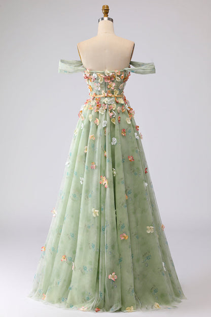 Plus Size Green Off the Shoulder Floral Long A Line Prom Dress with 3D Flowers