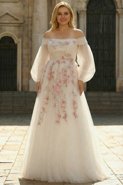 Plus Size Floral Sparkly White A Line Tulle Long Prom Dress with Sequins