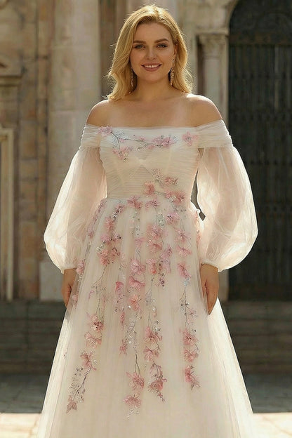 Plus Size Floral Sparkly White A Line Tulle Long Prom Dress with Sequins