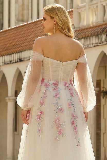 Plus Size Floral Sparkly White A Line Tulle Long Prom Dress with Sequins