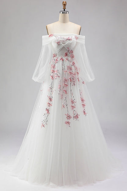 Plus Size Floral Sparkly White A Line Tulle Long Prom Dress with Sequins